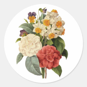 Sticker Rond Fleurs anciennes, camélias et narcisses, Redoute