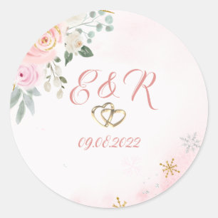 Sticker Rond Fleurs aquarelles flocons de neige Mariage