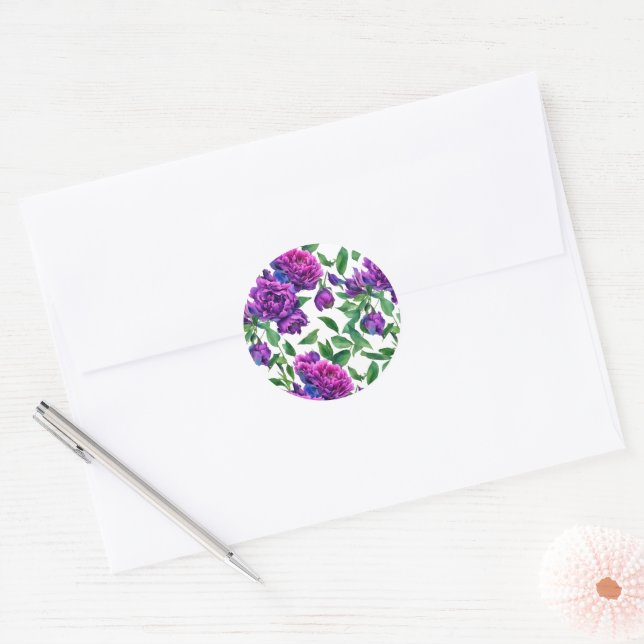 Sticker Rond Fleurs aquarelles magenta violet élégant (Enveloppe)