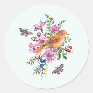 Sticker Rond Fleurs aquarelles, oiseaux et papillons
