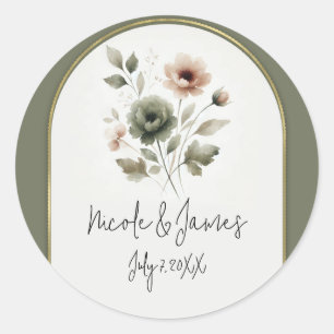 Sticker Rond Fleurs aquarelles olive poussiéreux et or