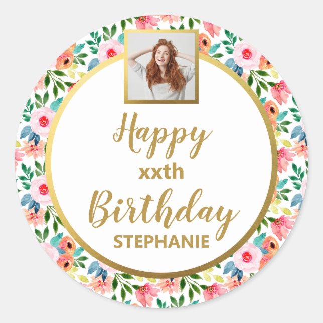 Sticker Rond Fleurs aquarelles, photo personnalisée, joyeux ann (Devant)