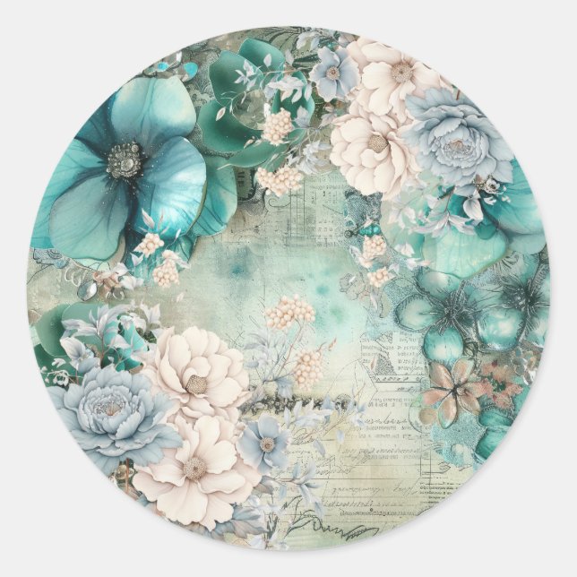 Sticker Rond Fleurs aquarelles sarcelles pastel inspirées de l' (Devant)