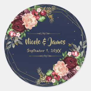 Sticker Rond Fleurs Audacieuses d'Automne Mariage Bleu Nuit Or