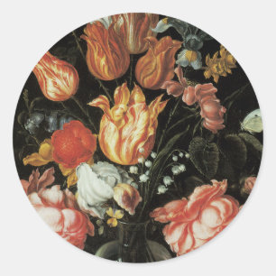 Sticker Rond Fleurs baroques vintages, tulipes et Roses dans Va