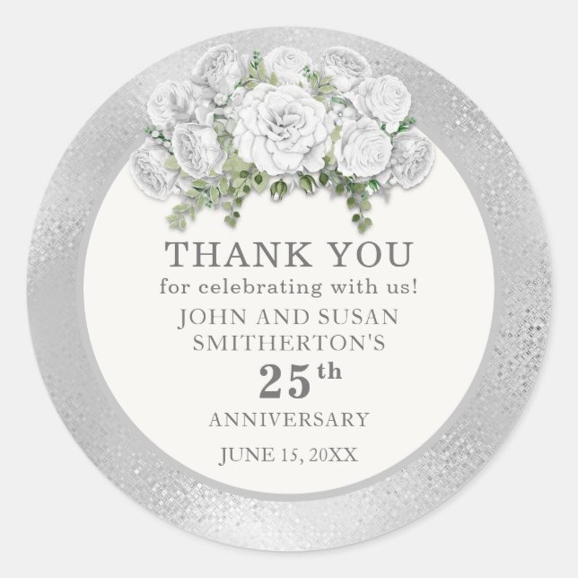 Sticker Rond Fleurs blanches d'argent 25e anniversaire Mariage (Devant)