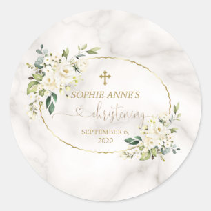 Sticker Rond Fleurs blanches Marbre doré Calligraphie Christeni