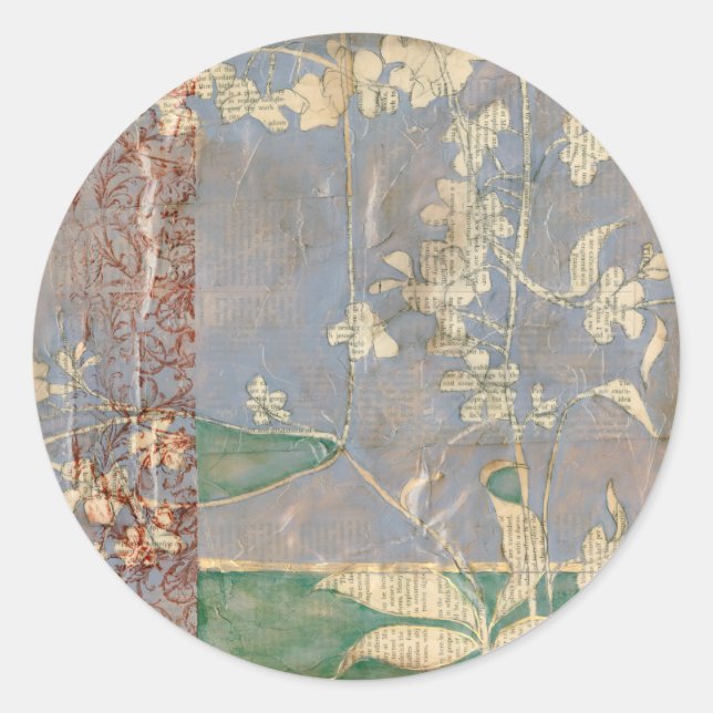 Sticker Rond Fleurs blanches sur Arrière - plan de papier journ (Devant)