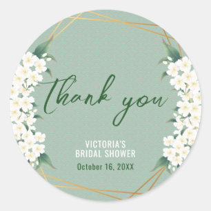 Sticker Rond Fleurs blanches Vert sauge Cadre doré