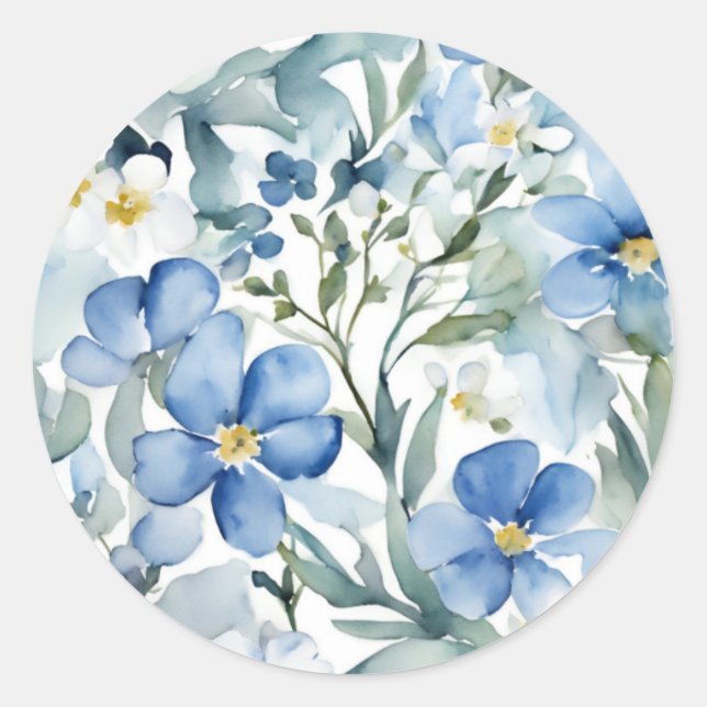 Sticker Rond Fleurs Bleu Blanc Aquarelle Élégant (Devant)