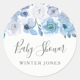 Sticker Rond Fleurs Bleues Blancs Garçon ou fille Baby shower F