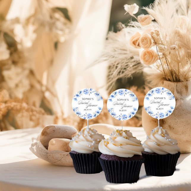 Sticker Rond Fleurs bleues Fête des mariées de calligraphie flo (Elegant watercolor floral stickers from my Something Blue Floral Bridal Shower Collection)
