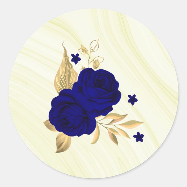 Sticker Rond fleurs bleues royales or marbre feuille (Devant)