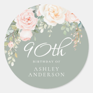 Sticker Rond Fleurs Blush & Vert Sauge Fête d'anniversaire 90 a
