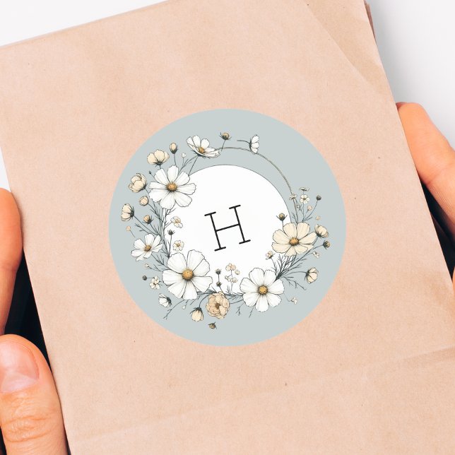 Sticker Rond Fleurs Boho Monogramme Vert Sauge Personnalisées (Créateur téléchargé)