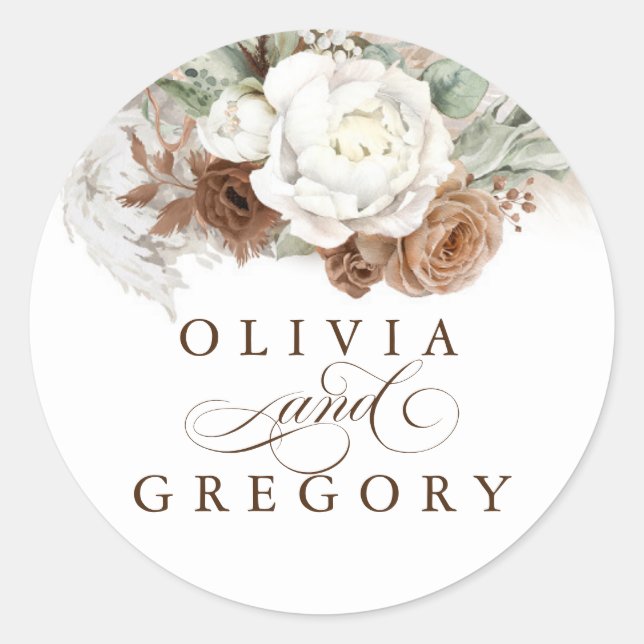 Sticker Rond Fleurs Brown et blanches Pampas Mariage en herbe (Devant)