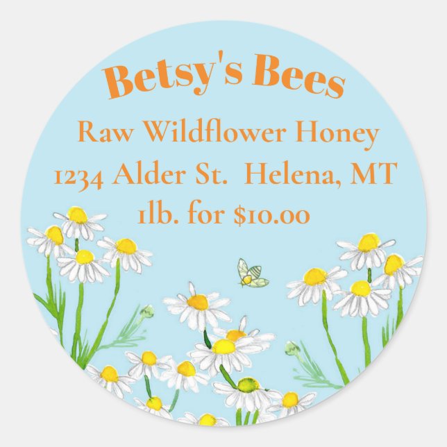 Sticker Rond Fleurs Chamomilles Abeilles Miel à vendre (Devant)