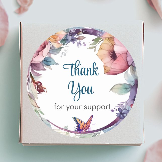 Sticker Rond Fleurs colorées avec papillon Merci (Créateur téléchargé)