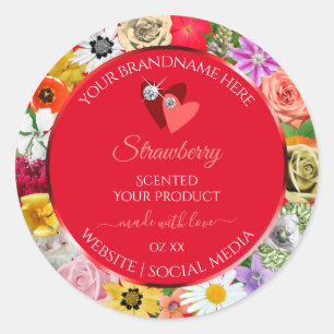 Sticker Rond Fleurs colorées Cadre Rouge Produit Coeurs Étiquet