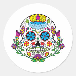 Sticker Rond Fleurs colorées Tatouage mexicain Crâne à sucre