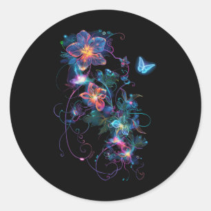 Sticker Rond Fleurs Cyberpunk Colorées Dans Le Jardin Fleuri