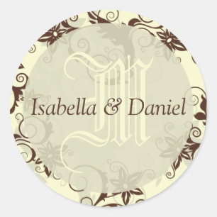 Sticker Rond Fleurs Damas Mariage Nom de couple Monogramme