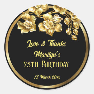 Sticker Rond Fleurs d'anniversaire en noir et or personnalisées