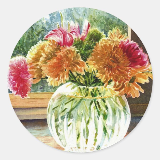 Sticker Rond Fleurs dans Vase de verre (Devant)