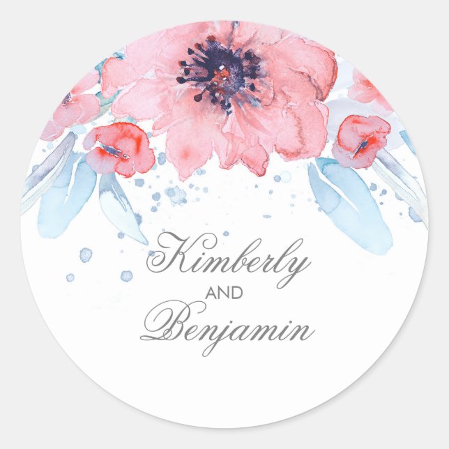Sticker Rond Fleurs d'aquarelle bleu et rose Mariage élégant (Devant)