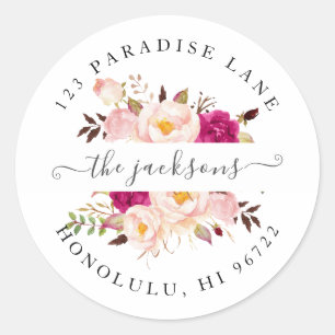 Sticker Rond Fleurs d'aquarelle Broussaillée Bourgogne pivoines