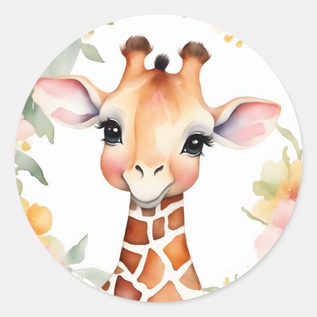Sticker Rond Fleurs D'Aquarelle Colorée Et Giraffe (Devant)