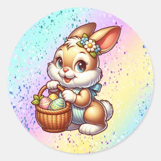 Sticker Rond Fleurs d'aquarelle et lapin Pâques (Devant)
