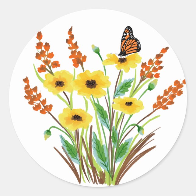 Sticker Rond Fleurs D'Aquarelle Jaune Orange Et Papillon (Devant)