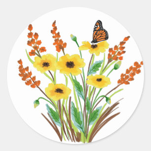 Sticker Rond Fleurs D'Aquarelle Jaune Orange Et Papillon