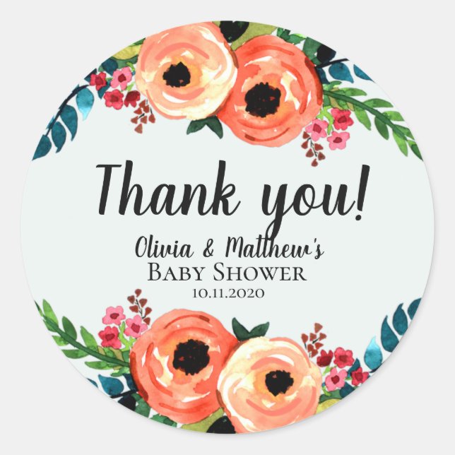 Sticker Rond Fleurs d'aquarelle modernes Filles Baby shower flo (Devant)