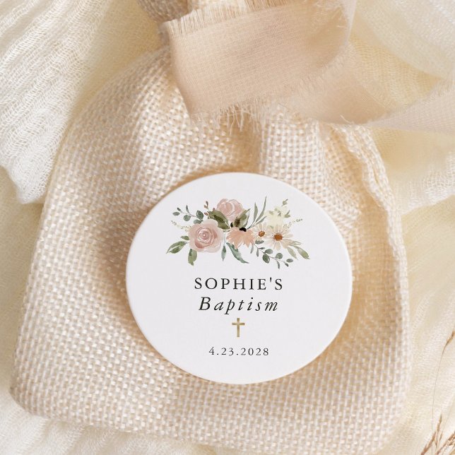 Sticker Rond Fleurs d'aquarelle neutres simples | Baptême (Créateur téléchargé)