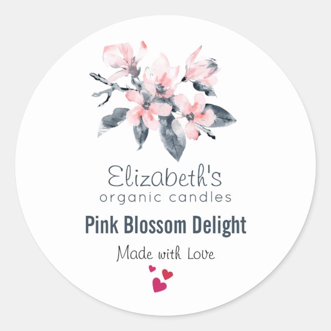 Sticker Rond Fleurs d'aquarelle rose et gris Biz pour bougies (Devant)