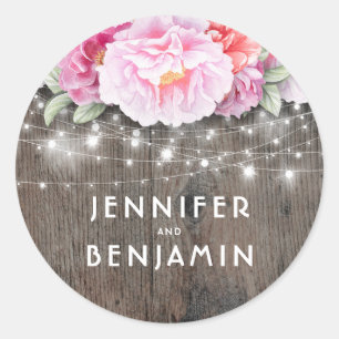 Sticker Rond Fleurs d'aquarelle rose Lumières de bois rustique
