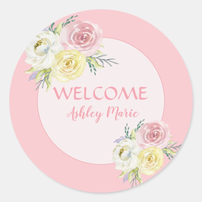 Sticker Rond Fleurs d'aquarelle rose personnalisables Bienvenue (Devant)