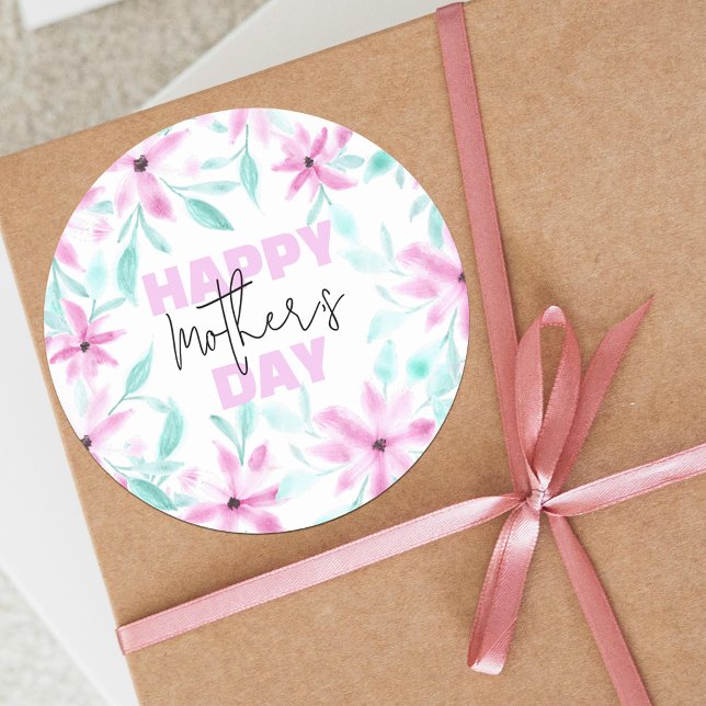 Sticker Rond Fleurs d'aquarelle rose tendre romantique Fête des (Créateur téléchargé)