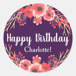 Sticker Rond Fleurs d'aquarelle violette tendance Anniversaire