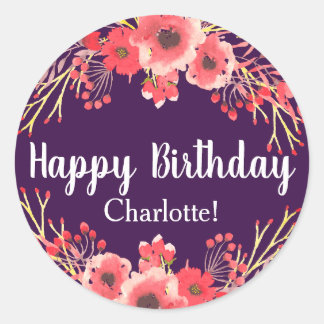 Sticker Rond Fleurs d'aquarelle violette tendance Anniversaire
