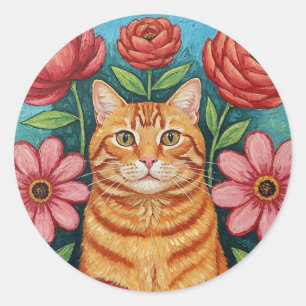 Sticker Rond Fleurs d'art populaire de chat orange