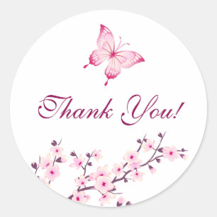 Sticker Rond Fleurs de cerisier papillon rose blanc Merci
