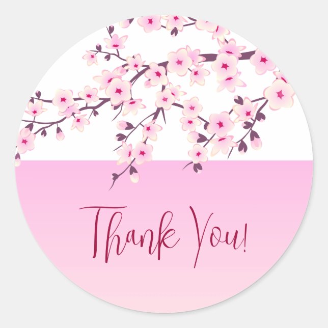 Sticker Rond Fleurs de cerisier rose blanc Merci personnalisé (Devant)