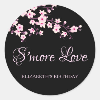 Sticker Rond Fleurs de cerisier roses Amour de S'more noir