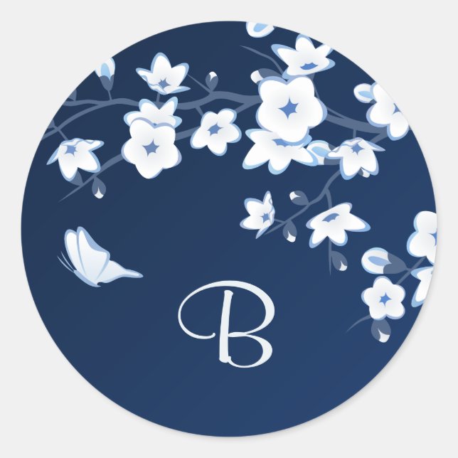Sticker Rond Fleurs de cerisiers Floral Marine Monogramme blanc (Devant)