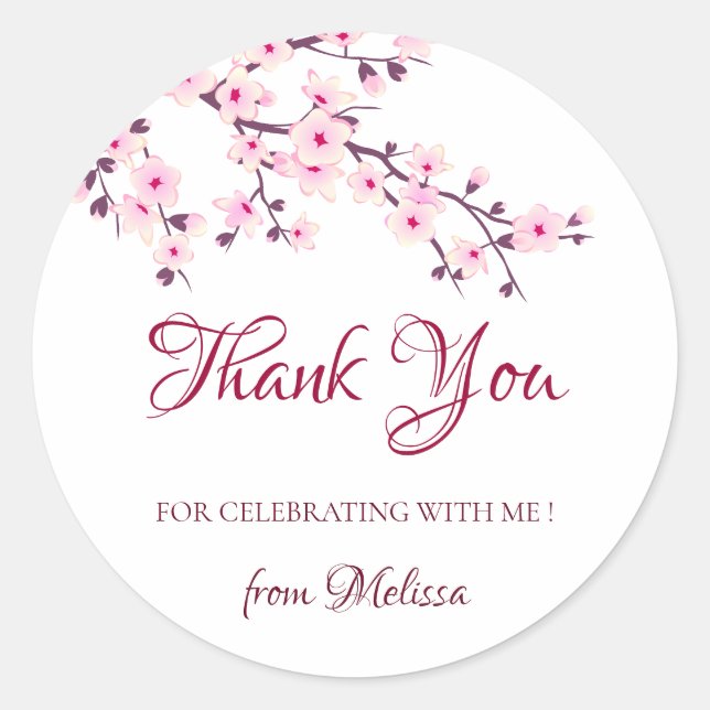Sticker Rond Fleurs de cerisiers Merci blanc rose (Devant)