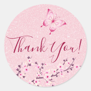 Sticker Rond Fleurs de cerisiers papillons Merci Parties scinti