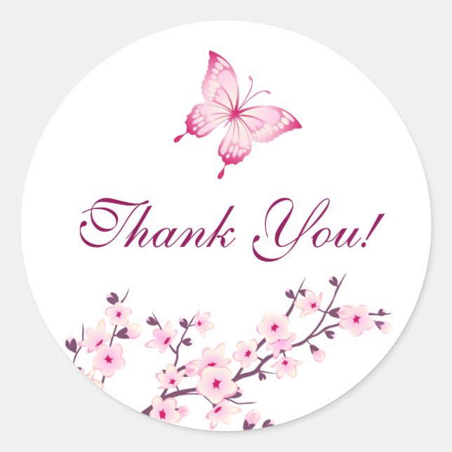 Sticker Rond Fleurs de cerisiers papillons Merci rose blanc (Devant)
